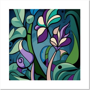 Beautiful flower image with purple and blue stained glass look. Posters and Art